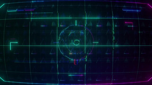 Sci-Fi HUD Radar Interface with Glitch Effect &mdash; Neon Cyan Magenta Grid Crosshair Futuristic Screen 
