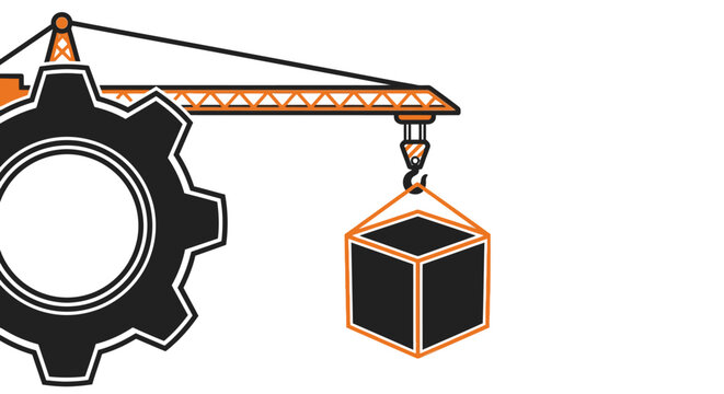 Industrial crane lifting a cube.