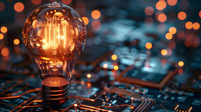 Glowing LED lightbulb containing a futuristic microchip for smart energy optimization.