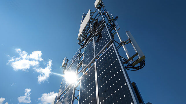 Modern 5G telecommunication tower powered by integrated solar panels against a blue sky.