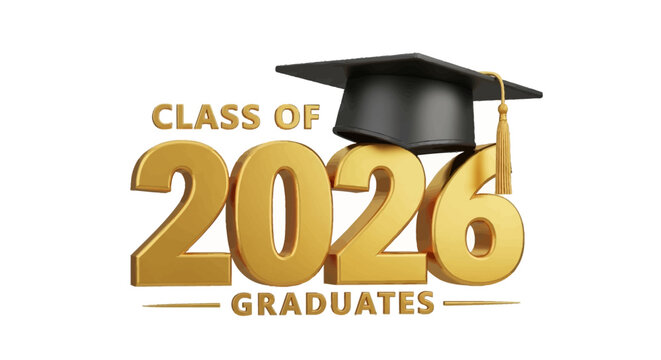 Class of 2026 3d icon. Congratulation graduates design template with black cap and numbers. Gold graduation typography education illustration for ceremony, party, greeting card. 3D Illustration