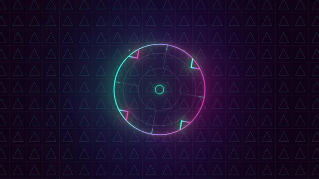Sci-Fi HUD Crosshair Circle on Neon Triangle Grid &mdash; Cyan Magenta Glitch Interface Futuristic Screen 