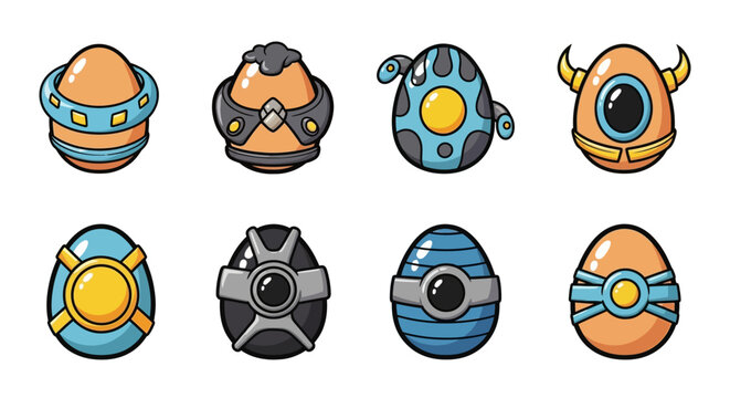 Dragon egg game icon set, vector cartoon magic dino stone kit, UI alien space rock fairy easter collection. Ice crystal glossy dinosaur sphere, marble blue gem rock on white. Fantastic dragon egg