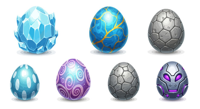 Dragon egg game icon set, vector cartoon magic dino stone kit, UI alien space rock fairy easter collection. Ice crystal glossy dinosaur sphere, marble blue gem rock on white. Fantastic dragon egg