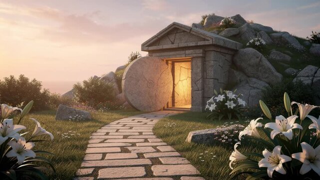 Serene stone path leading to an ancient glowing tomb surrounded by mystical forest landscape