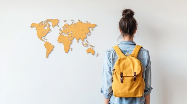 Traveler with backpack facing world map art