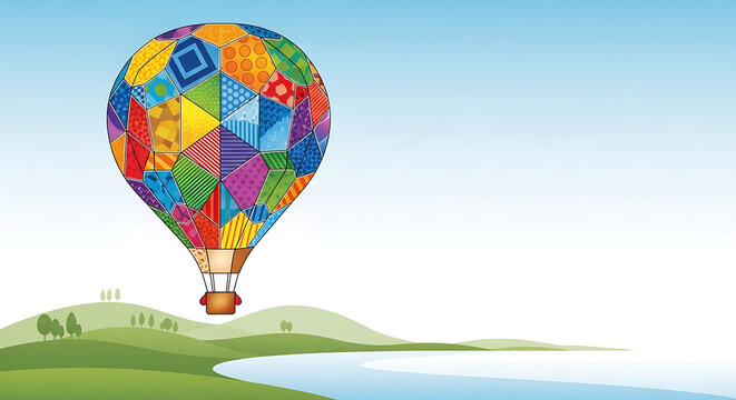 Colorful hot air balloon flying over landscape isolated on a transparent background