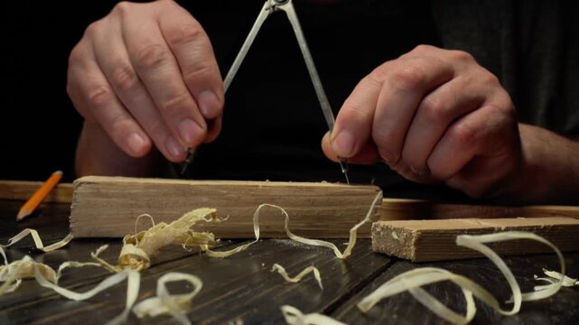 Hands of a male carpenter using a compass tool to measure wood on a workbench, surrounded by wood shavings and tools in a dimly lit workshop