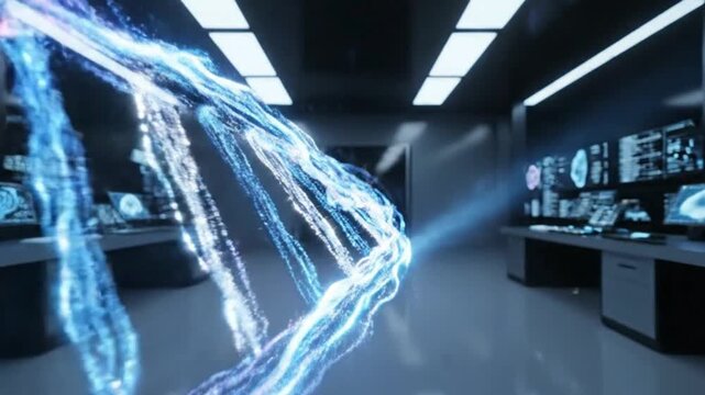 Futuristic DNA Helix in Advanced Science Lab with Computer Displays