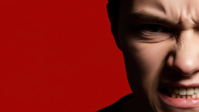 Half-face portrait of a furious man on a red background.