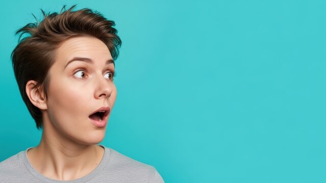 Surprised young woman with short hair looking sideways.