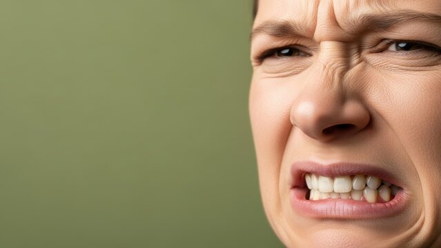 Disgusted woman's face on a green background with copy space.