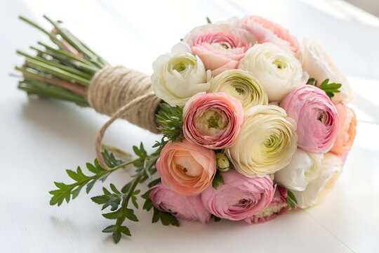 Delicate bridal bouquet of ranunculus and roses with natural raffia ties