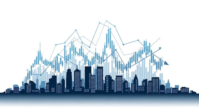 City skyline with rising stock market graph charts and financial data