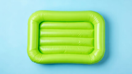 Obraz premium Bright green inflatable air mattress resting on a light blue background. Minimal studio lighting emphasizes its smooth texture