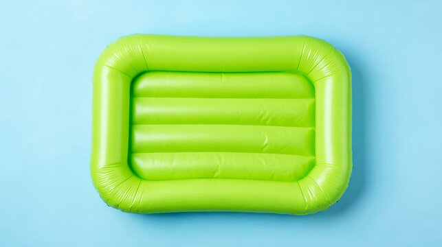 Bright green inflatable air mattress resting on a light blue background. Minimal studio lighting emphasizes its smooth texture