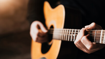 Obraz premium Person's hands on an acoustic guitar fretboard, fingers pressing strings. Capturing the essence of musical creation and practice