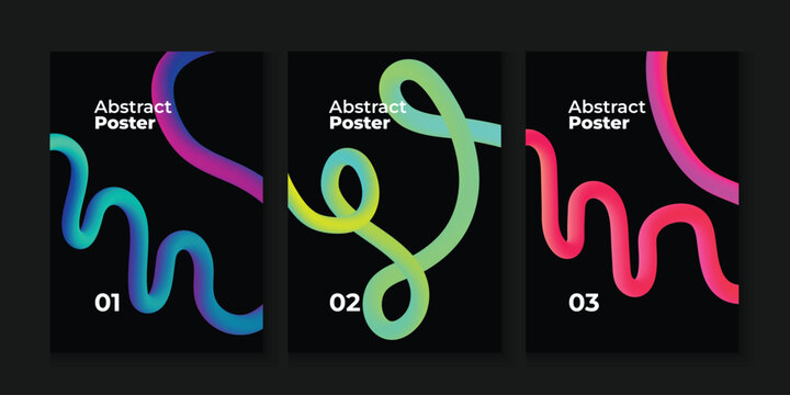Abstract colorful patterns on a black background, triptych lines art