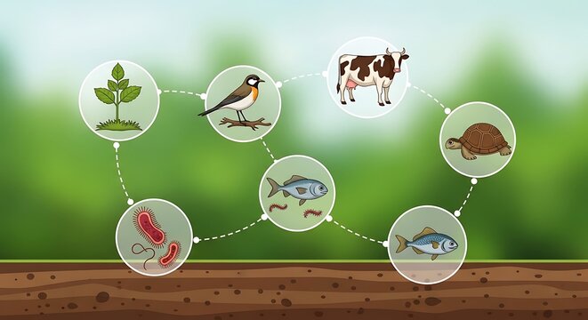 Simple ecosystem food chain illustration showing various living organisms
