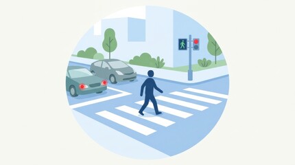 Fototapeta premium Pedestrian Crosses Crosswalk While Cars Wait at Traffic Signals During Daylight in a Cityscape