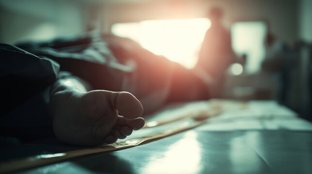 Deceased person lying on a table, feet showing, with blurred figures in background, concept of death investigation
