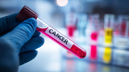 Fototapeta premium Hand holding test tube labeled CANCER, conducting medical research and diagnostic testing in a science laboratory