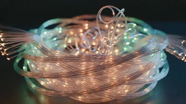 Close-up of glowing fiber optic light string with bokeh lights, abstract background