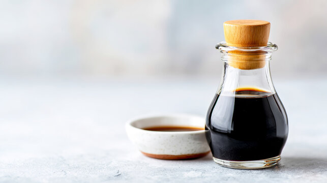 Soy sauce bottle with wooden stopper beside a small ceramic bowl filled with dipping sauce, ready for seasoning dishes