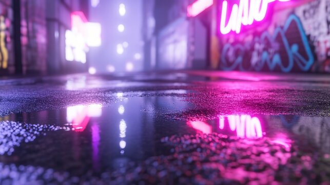 Wet city street at night with neon lights reflections
