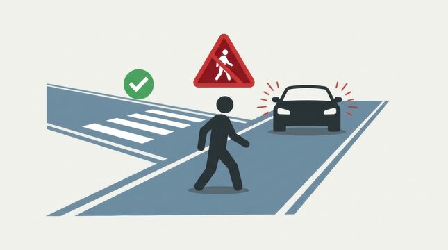 Pedestrian Safety Sign and Warning About Jaywalking Near a Crosswalk With a Car Approaching