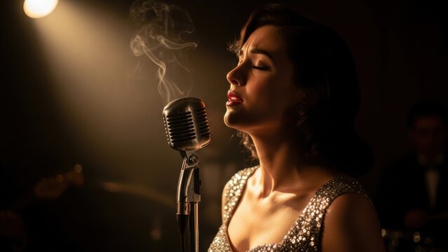Female jazz singer performing passionately into a vintage microphone on stage.