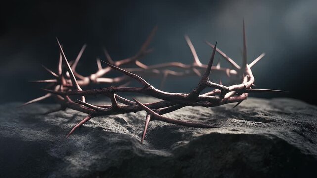 Crown of Thorns Rests on Rocky Surface in Dark Dramatic Setting
