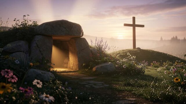Glowing stone tomb entrance bathed in warm sunrise light with wooden cross in serene landscape