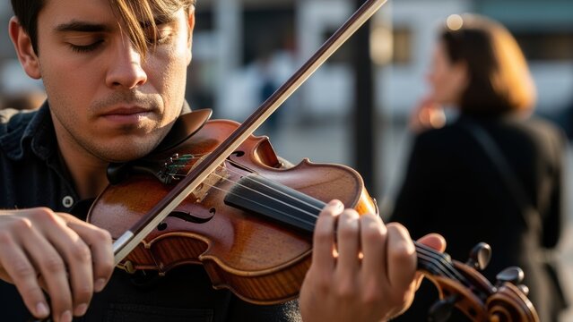 Close-up of a man with eyes closed, playing a violin on the street.