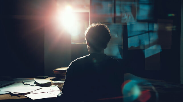 Man sitting in dimly lit workspace, thinking, surrounded by documents and screen reflections, feeling pensive and working