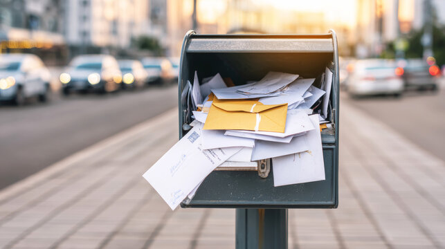 Overflowing city mailbox filled with letters and envelopes, showing mail chaos and communication issues in urban life