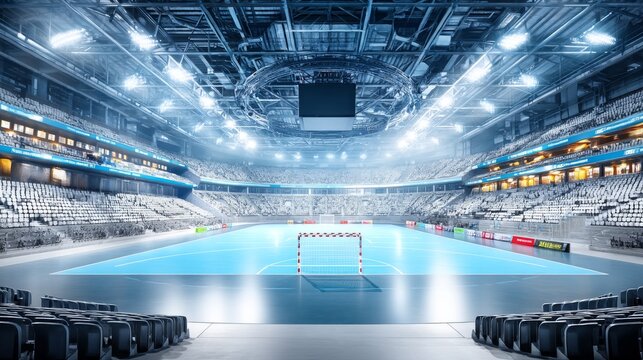 Spacious Handball Stadium with Central Court and Goal Structure in Focus