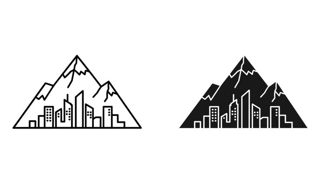 Mountain city icon set with outline and solid styles, white background, vector Illustration