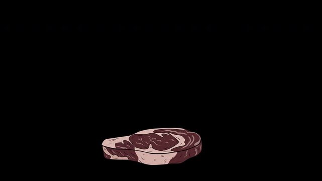 Stylized 2D Animated Beef Steak Falling with Jiggle Effect, 4K Hand-Drawn Meat Asset with Alpha Channel