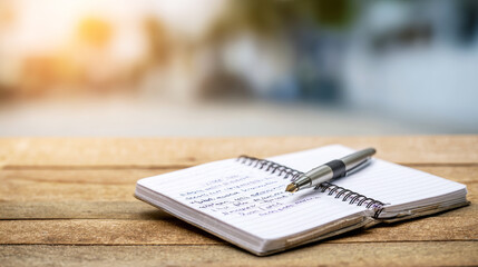 Obraz premium Notebook with pen on wooden desk, planning baby name ideas for expectant parents, family future concepts