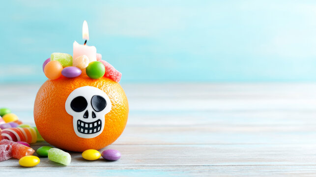 Orange skull decoration with lit candle and colorful candies on wooden table, festive autumn celebration concept