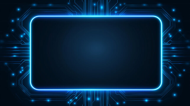 A futuristic neon blue glowing rectangular frame centered on an abstract circuit board background, representing technology and innovation.