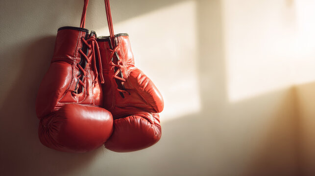 Boxing gloves hanging, symbolising strength and challenge, ready for the next fight or a triumphant comeback