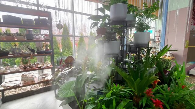 humidifier moistens dry air, purifying it and adding moisture. Houseplants thrive. A concept for plant care in urban environments.