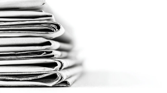 Stack of folded newspapers presenting journalism, information, and daily news concepts on a clean white background