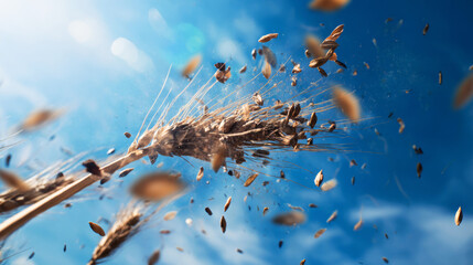 Fototapeta premium Wheat stalk breaking apart, golden grains scattering in sunny blue sky, harvest and agriculture concept