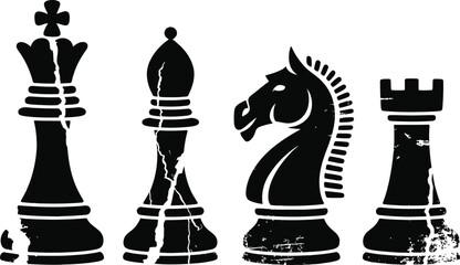 Distressed chess pieces silhouettes including king bishop knight and rook with cracks marks. © The king of vectors