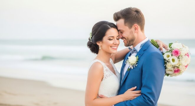 smiling bride and groom embracing on beach