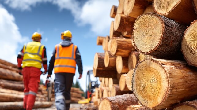 Forestry Workers Inspecting Timber Logs in Logging Site Under a Cloudy Sky