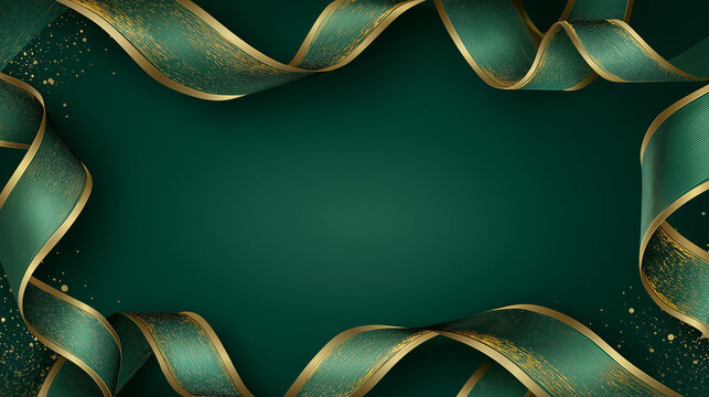 Graceful swirling green ribbons with sparkling golden edges and scattered glitter create an elegant festive frame on a dark teal background.